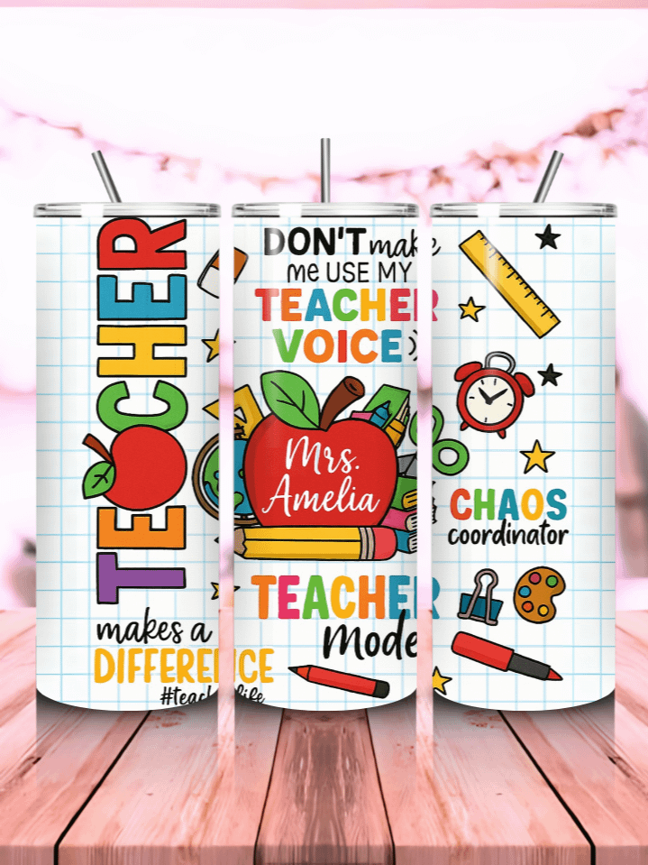 Teacher Tumbler Wrap PNG – 20oz Skinny Sublimation Design with Chalkboard Style, School Icons & Inspirational Quote – 300 DPI Instant Digital Download product image (1)