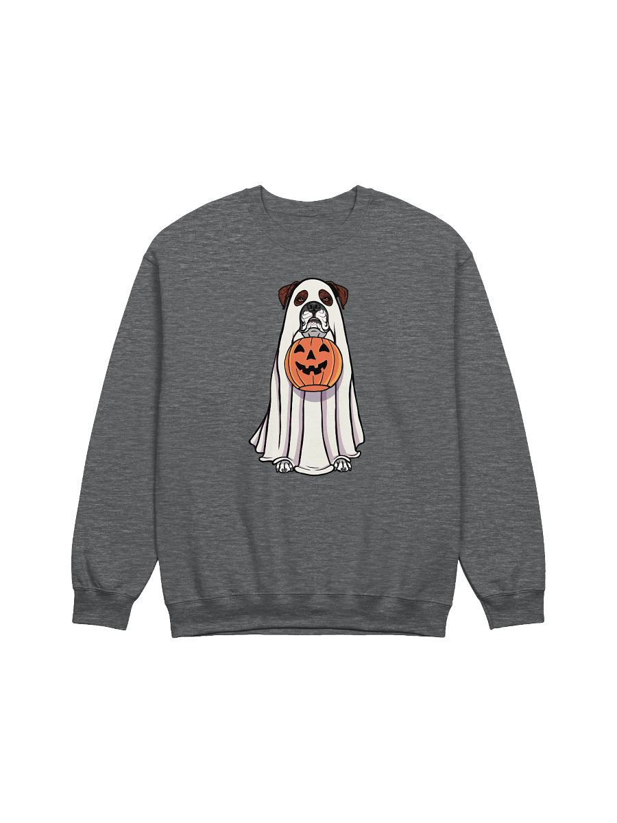 Funny Halloween Boxer Dog(Brindle) Sweatshirt | Funny Boxer Wearing a Ghost Costume and Holding a Pumpkin Basket product image (3)