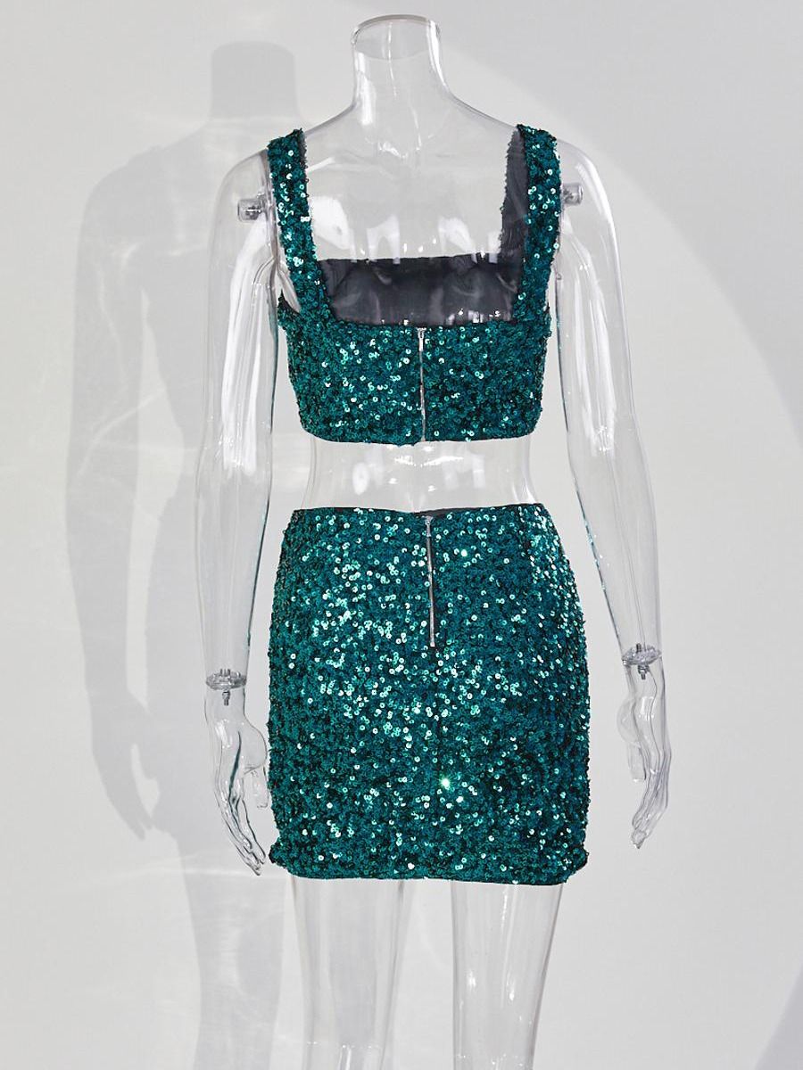 Wholesale sexy high quality slight stretch square neck sequin decor mini skirt sets product image (8)