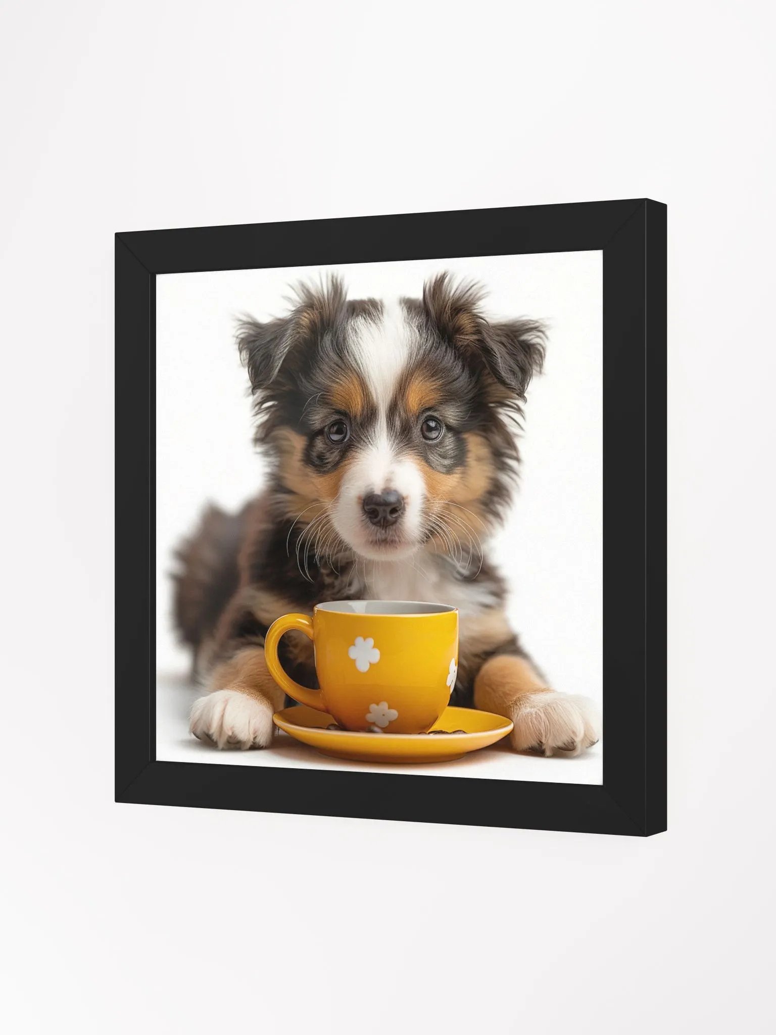 Cute Coffee Lover Austrailian Shepard Puppy Framed Wall Art product image (4)