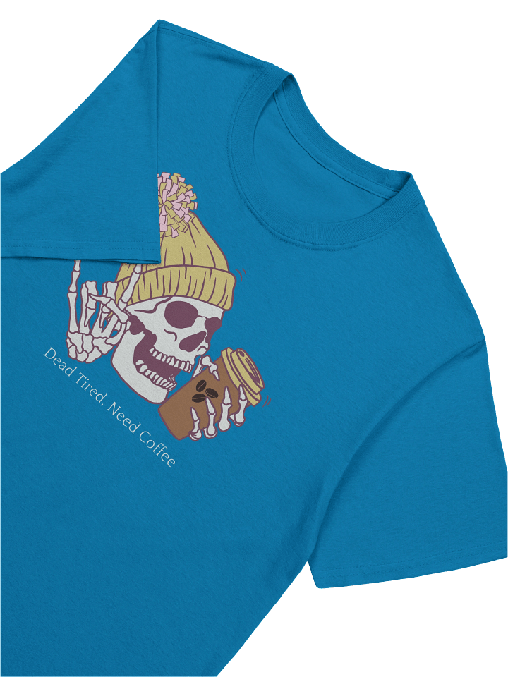 Golden “Dead Tired, Need Coffee.” Skeleton Tee – Dark Unisex Softstyle Coffee Lover shirt product image (14)