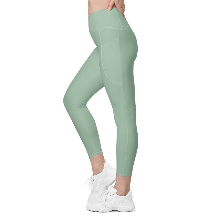 Plain Light Sage Green Soft Summer Women's High Waisted Premium Crossover Leggings with Pockets by Treasure Pie product image (4)