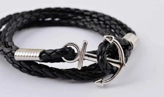 SALAM & SONS CHANDIWALE Official Black Leather Anchor Bracelet, Mens product image (1)