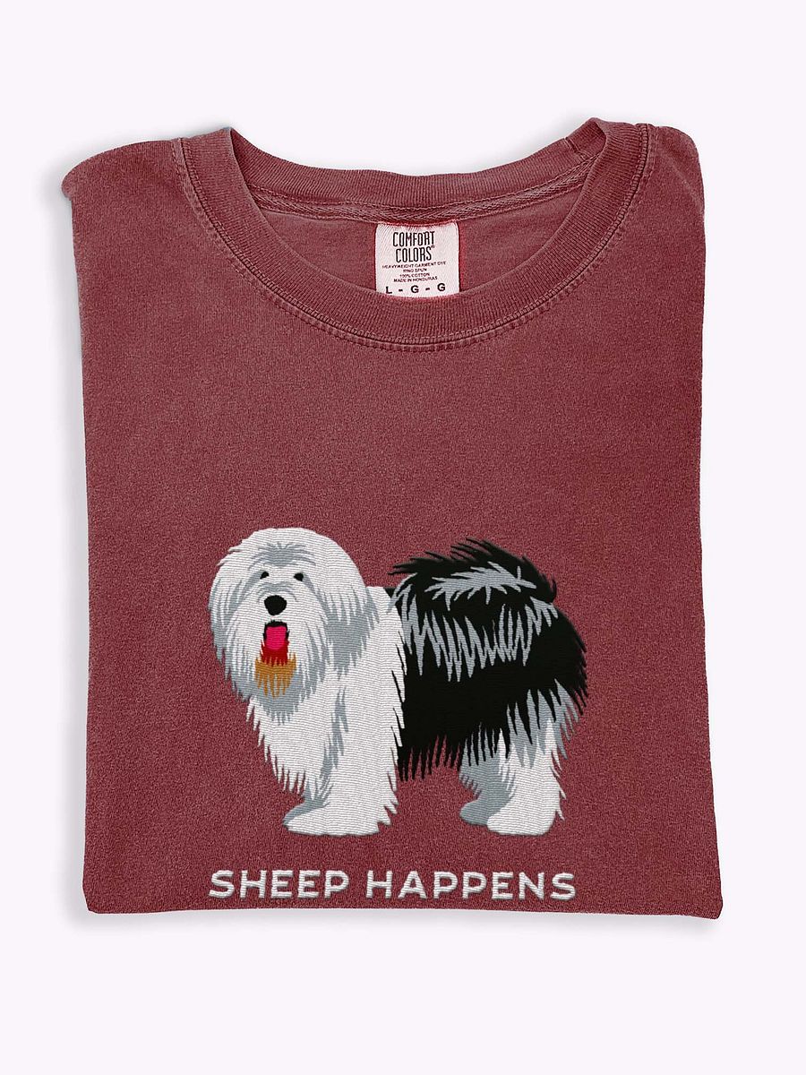 Sheep Happens T-Shirt(Embroidered) of an Old English Sheepdog(Black & White) product image (1)