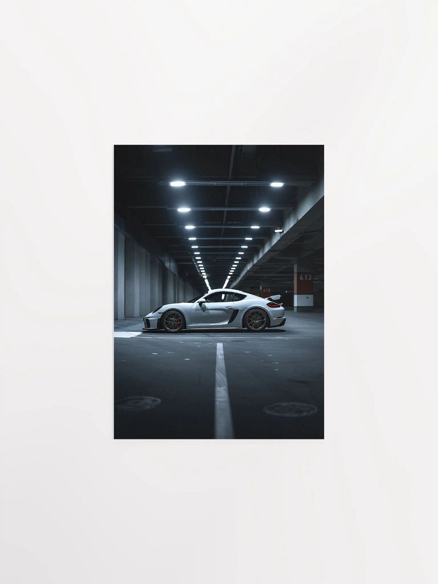 White Porsche Cayman parked in underground parking by night (VER 2) product image (10)