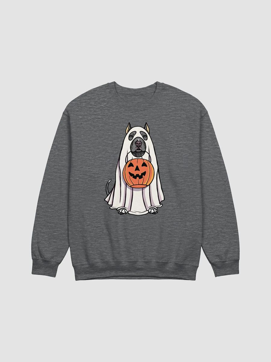 Funny Halloween Pitbull Terrier(Cropped Ears, Blue) Sweatshirt | Funny Pittie Wearing a Ghost Costume and Holding a Pumpkin Basket product image (7)