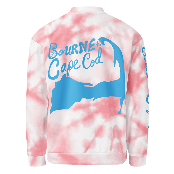 All-Over Print Bomber Jacket | Coastal Cool, City Bold | BOURNE to Cape Cod™ + BRN.2C.C.™ Style | Deep Sky Blue Logos on Pink Tie-Dye product image (2)