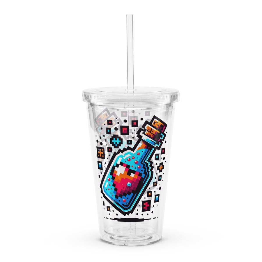 16 oz Double Wall Clear Plastic Tumbler with Pixelated Healing Potion Bottle Art – Featuring Red Heart Icon 💖 product image (1)