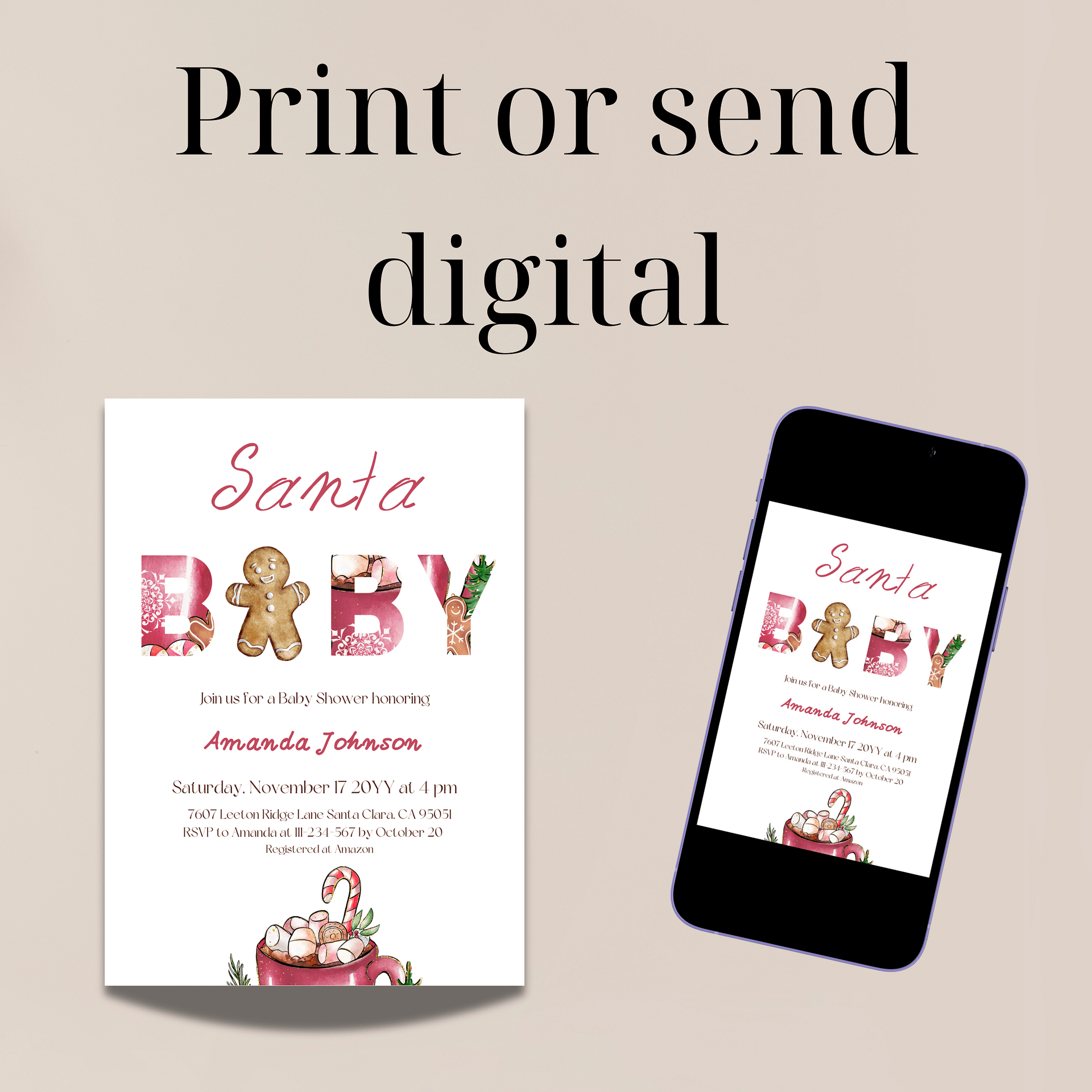 Santa Baby Shower Invitation for Christmas Gingerbread Man Themed Party, Digital Download Winter Invite Canva Template product image (9)