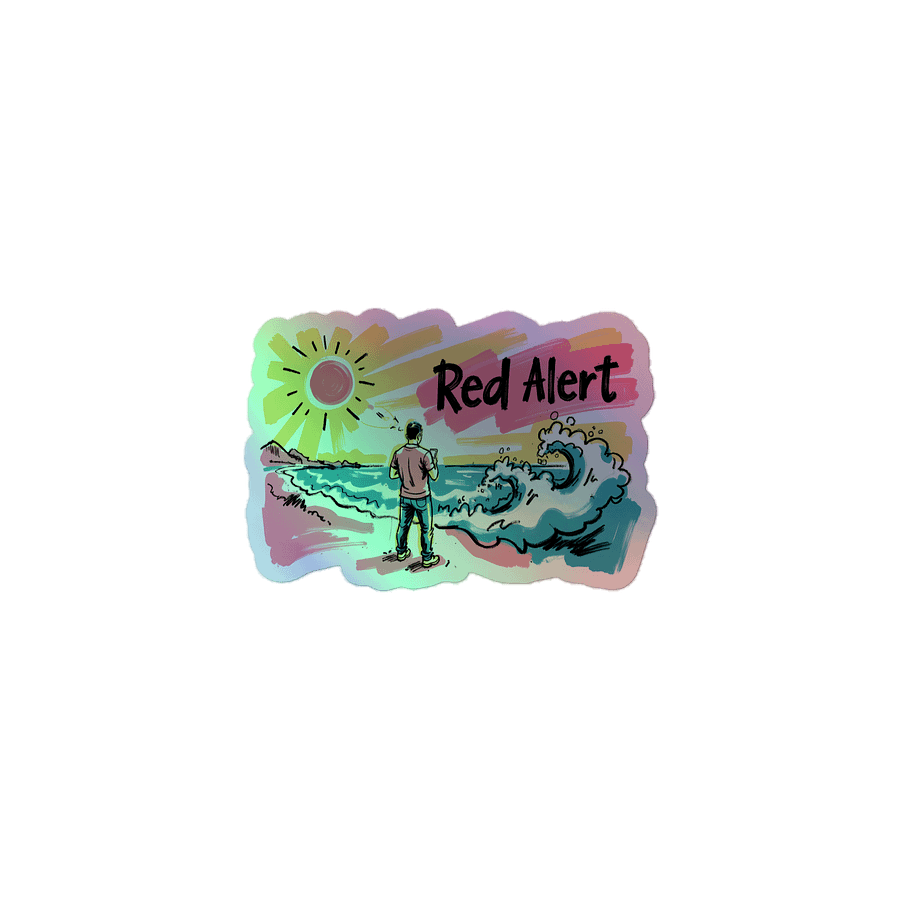 Red Alert Beach Art Print – Sunset Danger Warning Holographic Sticker product image (1)
