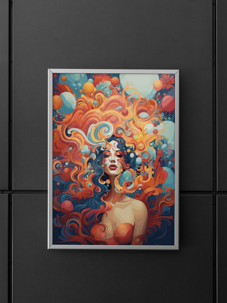 Fiery Autumn Goddess Art Poster, Vivid Orange and Blue Fantasy Woman, Whimsical Surreal Portrait for Enchanting Home Decor product image (5)