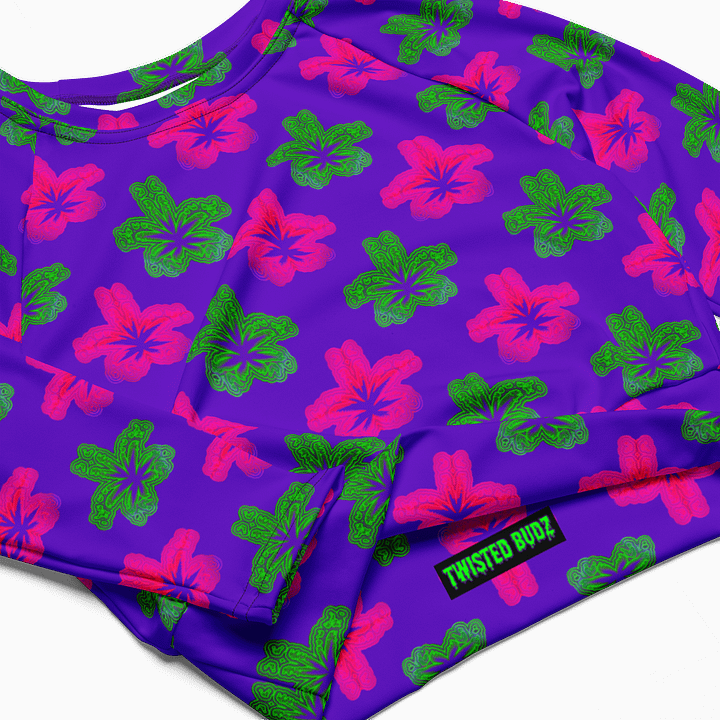 Cannabis 420 Flower Recycled Long-Sleeve Crop Top, Stoner Summer Weed Shirt, Neon Green Pink Purple Pot Leaf Reefer Raver Festival Fashion product image (1)