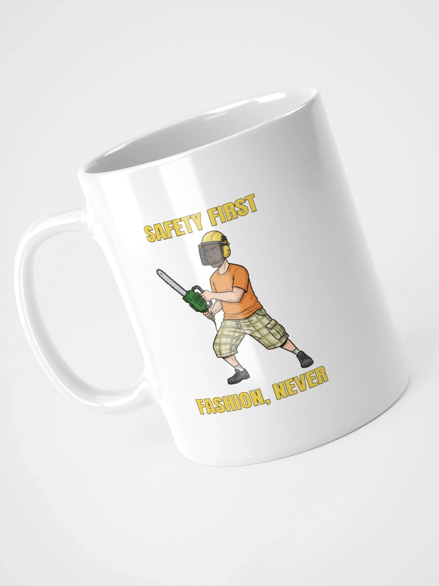 White Glossy Mug with Safety First, Fashion Never product image (4)