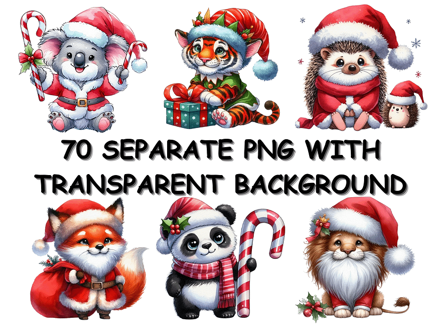 Watercolor Animals in Christmas Santa Claus Costumes PNG, Cute  Christmas Clipart, PNG Download, Christmas PNG Bundle product image (4)