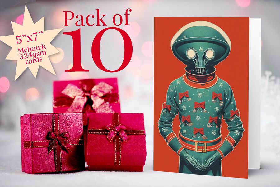 Retro Kitsch Alien Ugly Sweater Christmas Cards Pack of 10 • 5×7 product image (2)