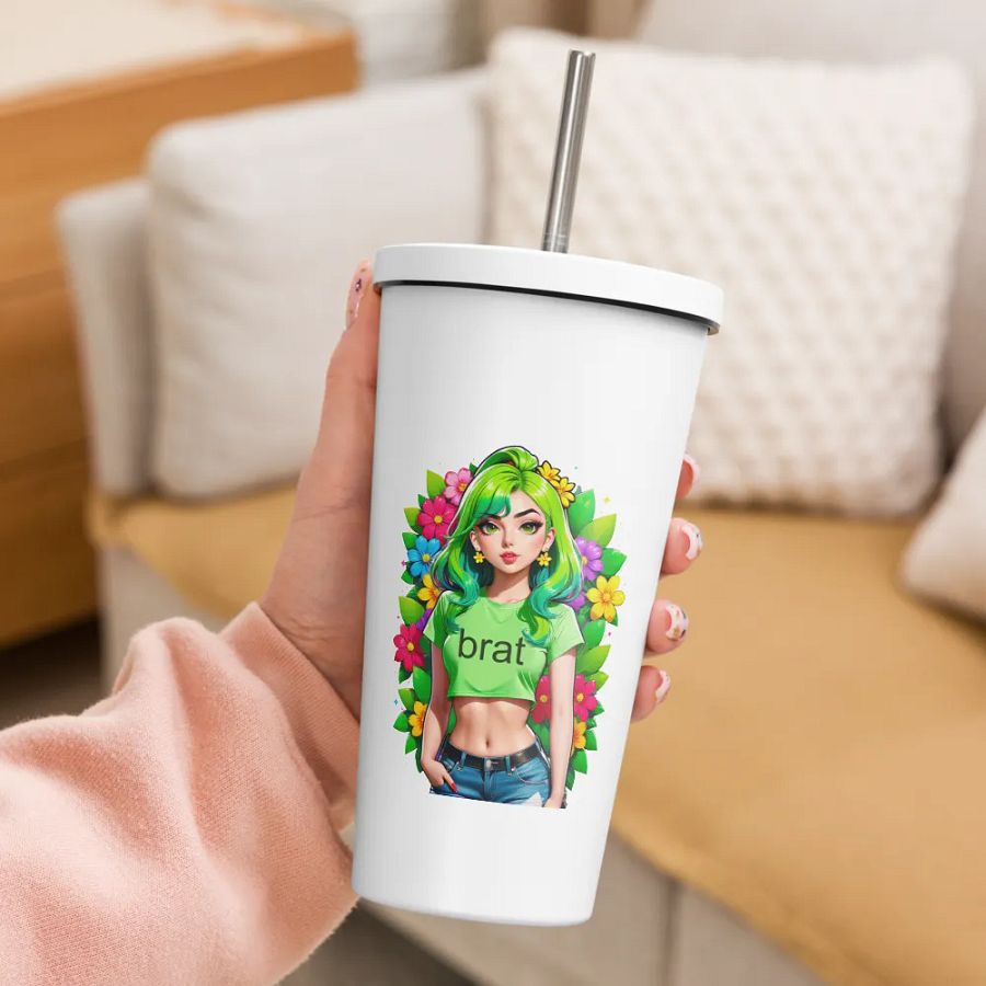 Brat 20 oz Tumbler Cup - White - Insulated Tumbler with a Straw v2 product image (3)