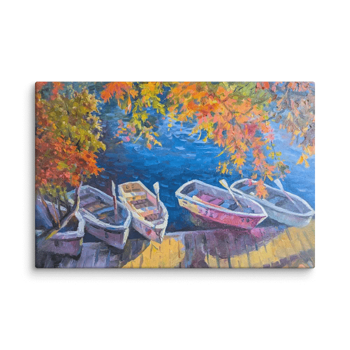 Autumn Maple Leaves and Boats on the Lake-Oil Painting Canvas Print product image (2)
