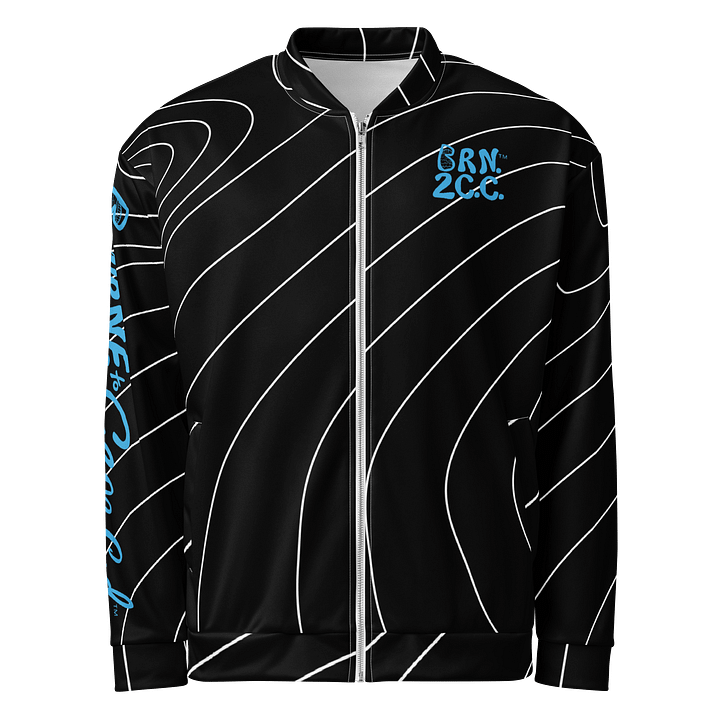All-Over Print Bomber Jacket | Coastal Cool, City Bold | BOURNE to Cape Cod™ + BRN.2C.C.™ Style | Deep Sky Blue Logos on Dark Currents product image (1)
