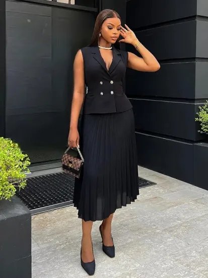 Summer Sleeveless Suit Fashion Lapel Button Vest Top And Pleated Straight Pants Women's Trousers Set Clothing product image (1)