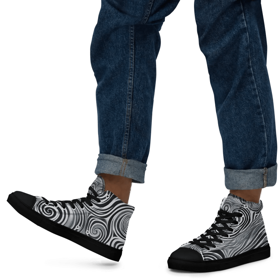 Funky Black & White Noir Liquid Tie-Dye Men's High-Top Canvas Shoes product image (5)