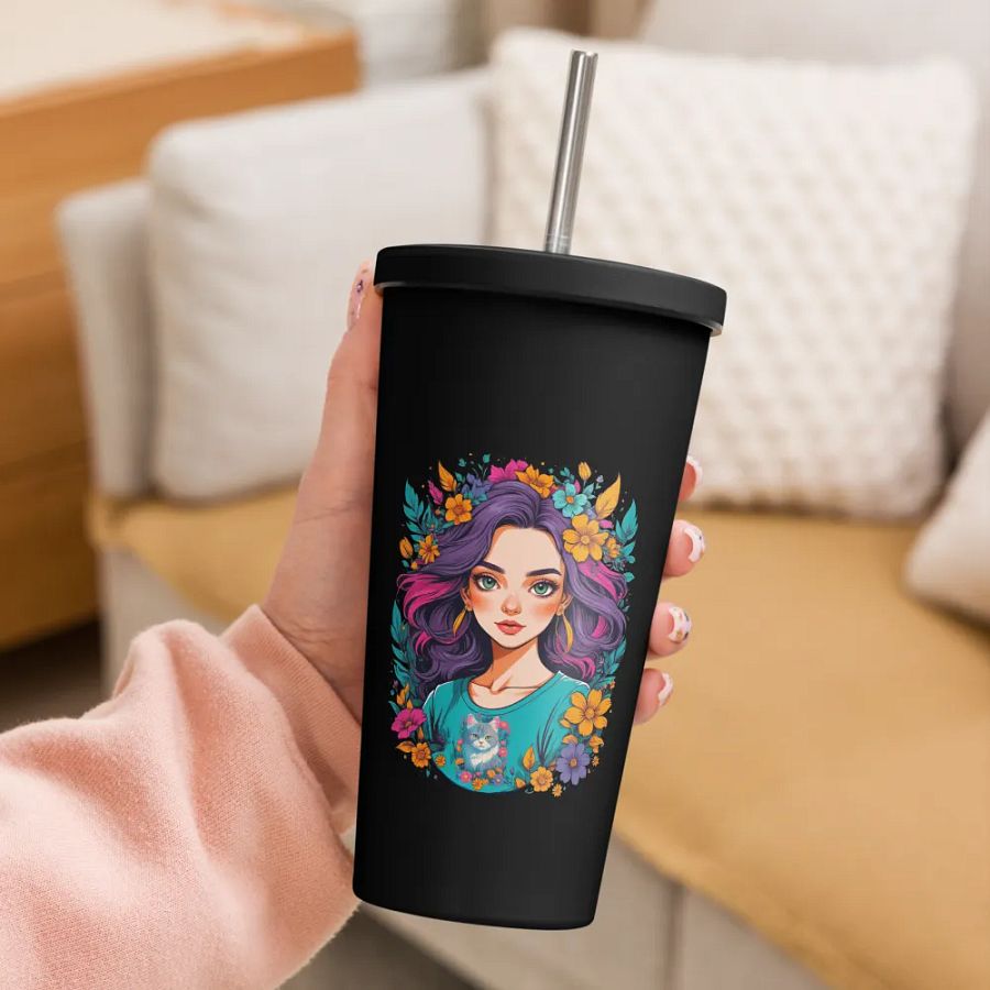 Bloomcore Flower Girl 20 oz Tumbler Cup - Black - Insulated Tumbler with a Straw - v2 product image (3)