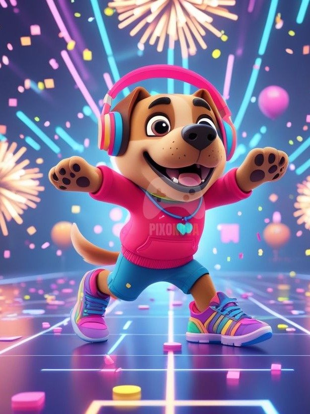 Pixel Party Parade – Track 4: Pixel Pop Fiesta (Dog Mascot Edition) | 1472x832 px | 4 Variations | PNG + PDF product image (1)