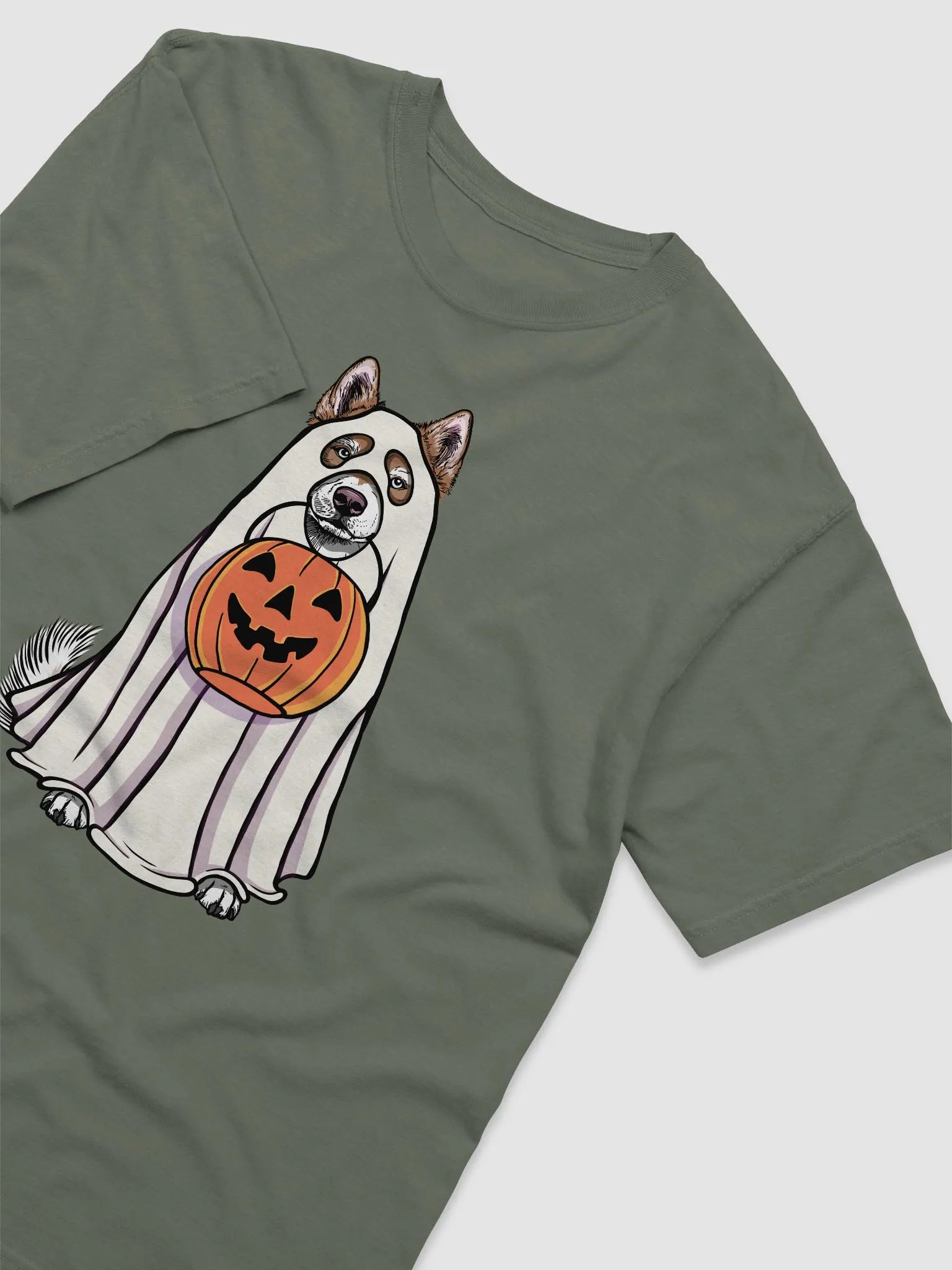 Funny Halloween Alaskan Malamute(Red) T-Shirt | Funny Dog Wearing a Ghost Costume and Holding a Pumpkin Basket product image (14)