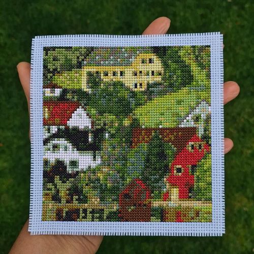 House at Unterach by Gustav Klimt recreated with cross stitch. 5x5 inches (69x70 stitches)  on 14 ct aida with 23 DMC colours...