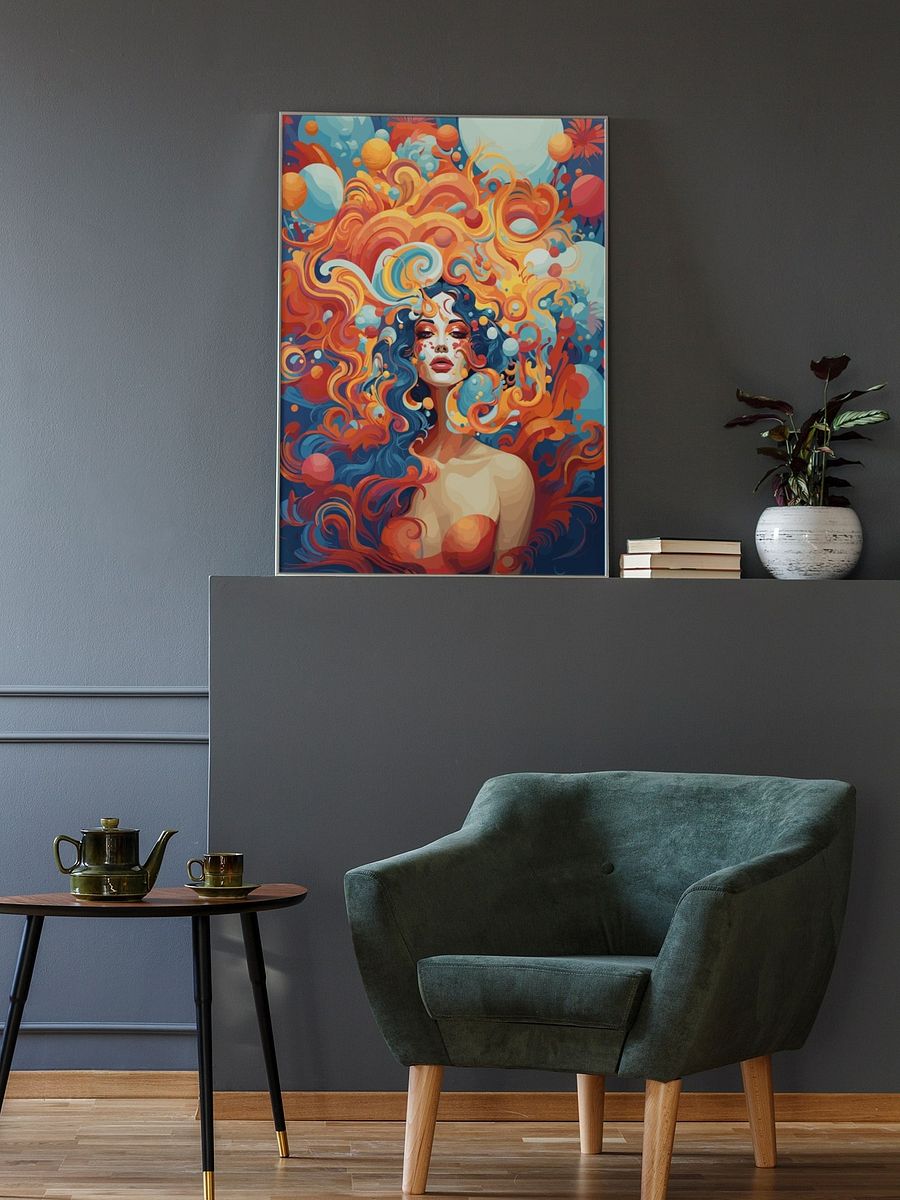 Fiery Autumn Goddess Art Poster, Vivid Orange and Blue Fantasy Woman, Whimsical Surreal Portrait for Enchanting Home Decor product image (2)