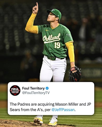 The Padres are acquiring Mason Miller and JP Sears from the A’s, per @jeffpassan.