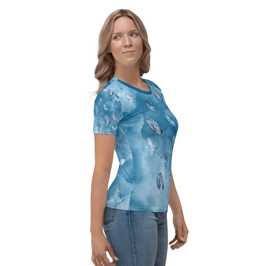 Womens all over printed t shit with light blue water color design with butterflies product image (4)