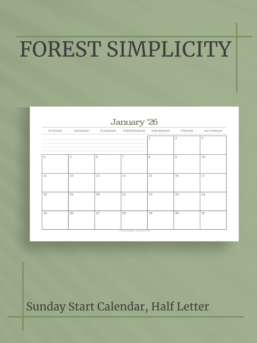Forest Simplicity 2026 Calendar - Single Page per Month, Sunday Start, Half Letter Size product image (1)