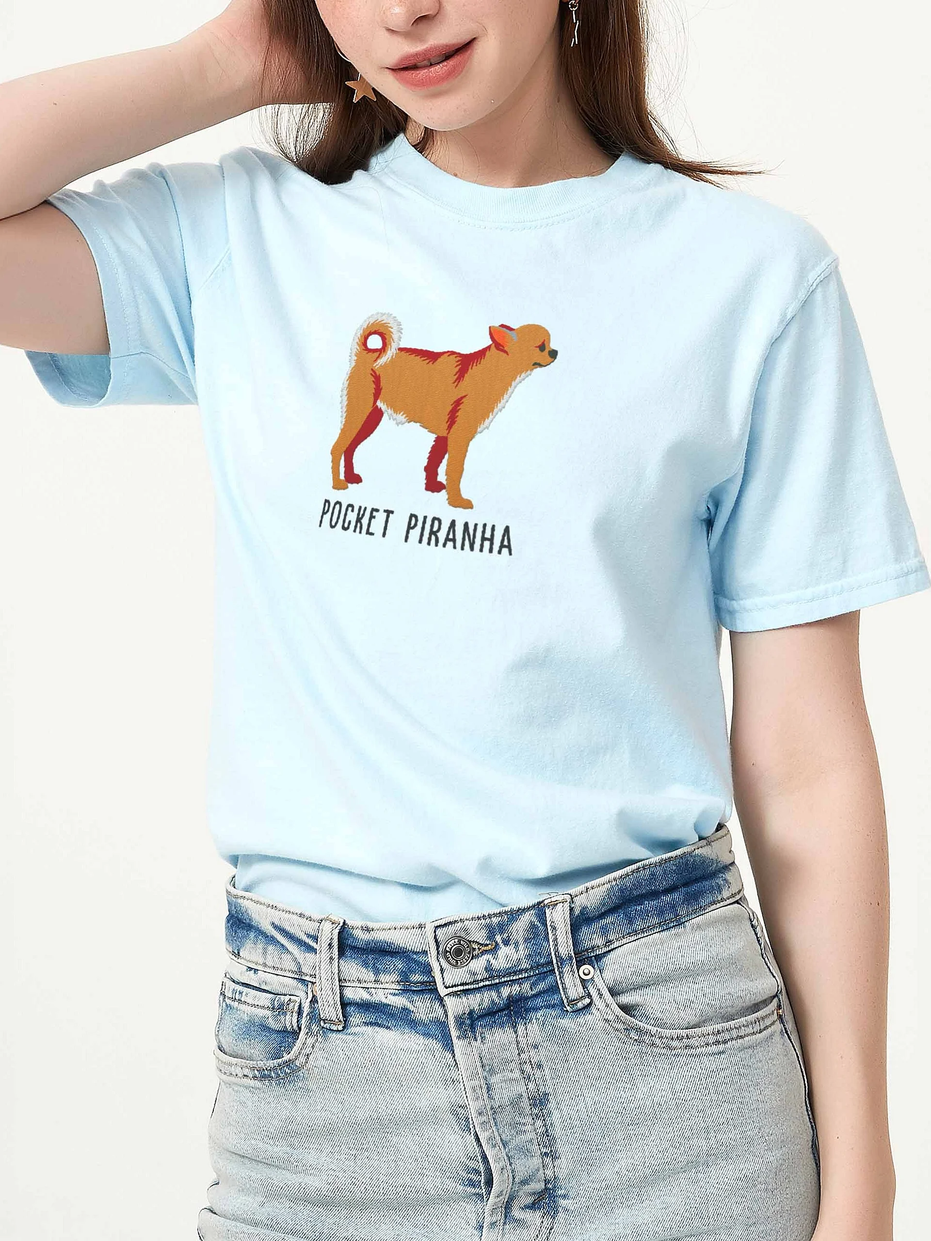Pocket Piranha T-Shirt(Embroidered) of a Chihuahua(Tan) product image (2)