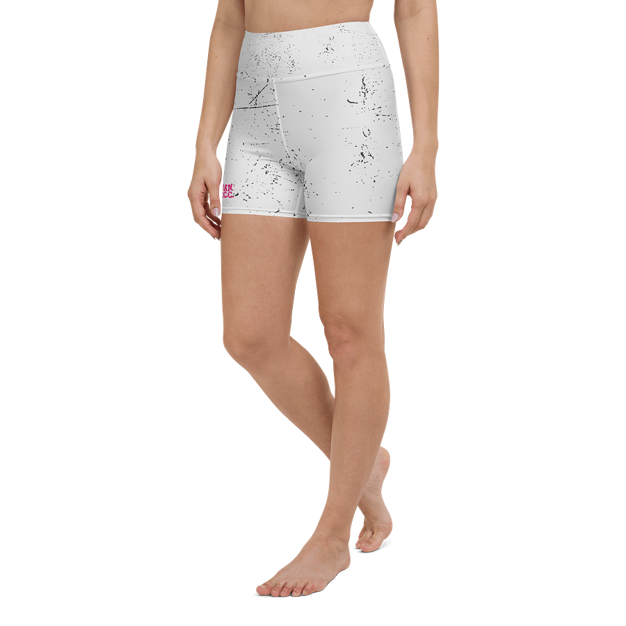 All-Over Print Yoga Shorts | with Inside Pocket | BRN.2C.C.™ | Coastal-Inspired Activewear | Vibrant Pink Logo on Distressed White product image (5)