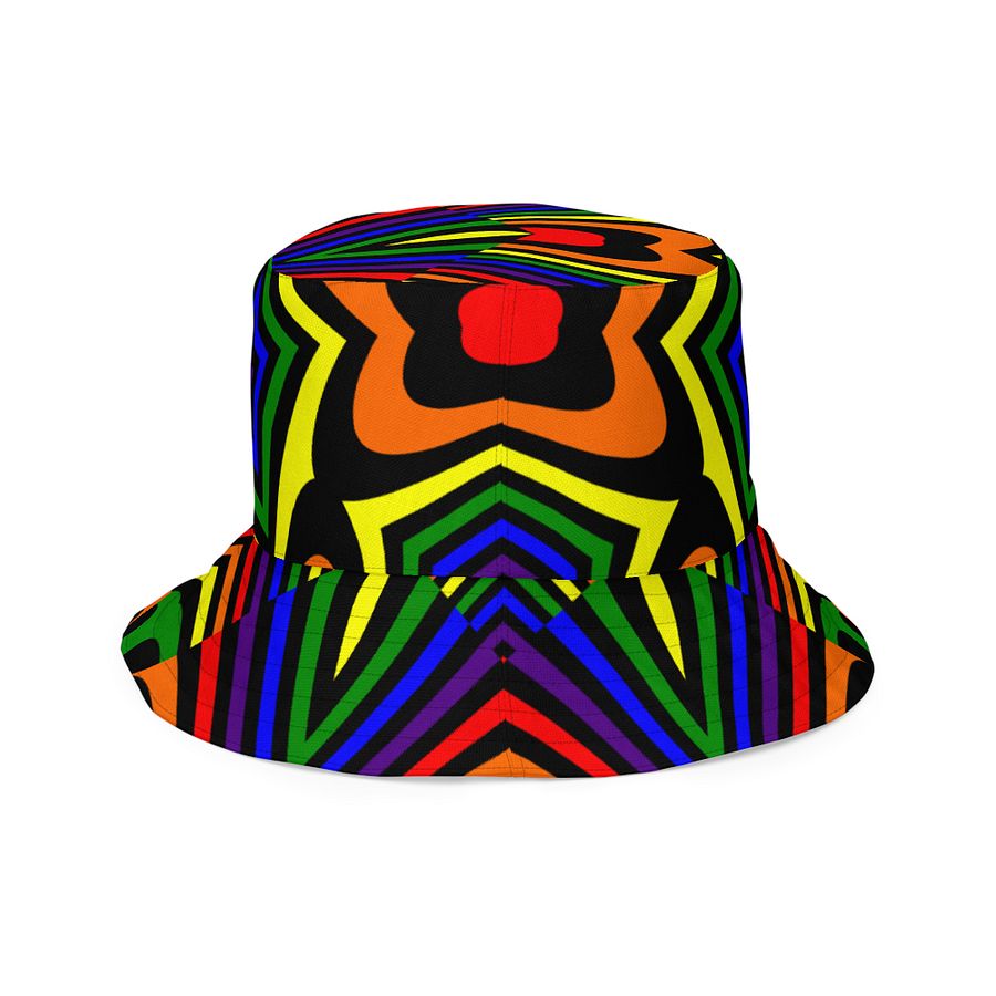 Reverisble Rainbow Bucket Hat, Queer Pride Stars Hearts Psychedelic Art Accessory product image (8)