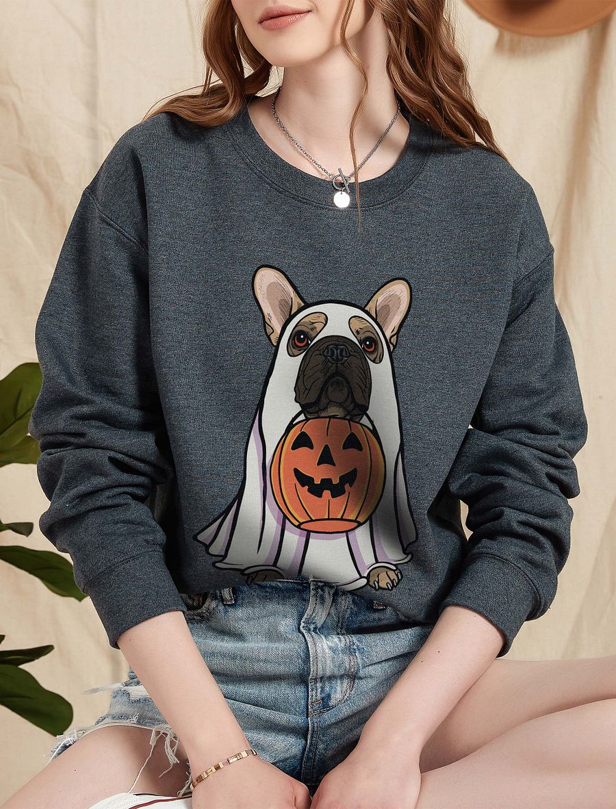 Funny Halloween French Bulldog Sweatshirt | Funny Frenchie Wearing a Ghost Costume and Holding a Pumpkin Basket product image (5)