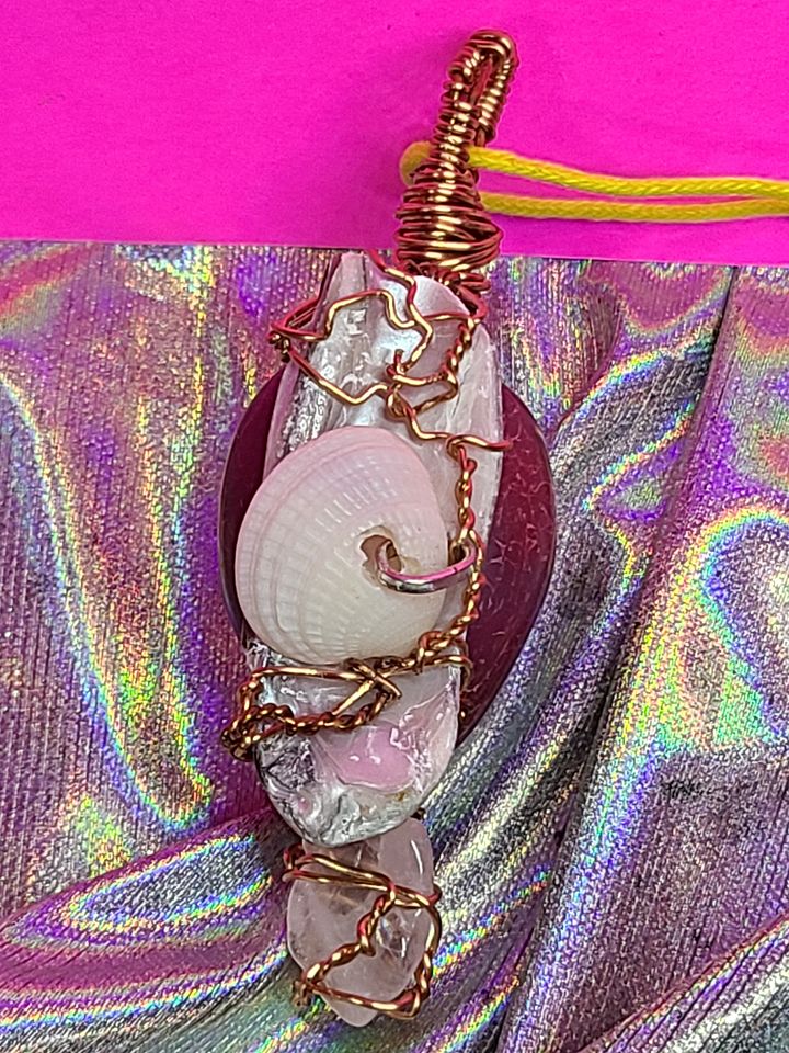 Wire Wrapped Agate, Rose Quartz and Shells Pendant product image (2)