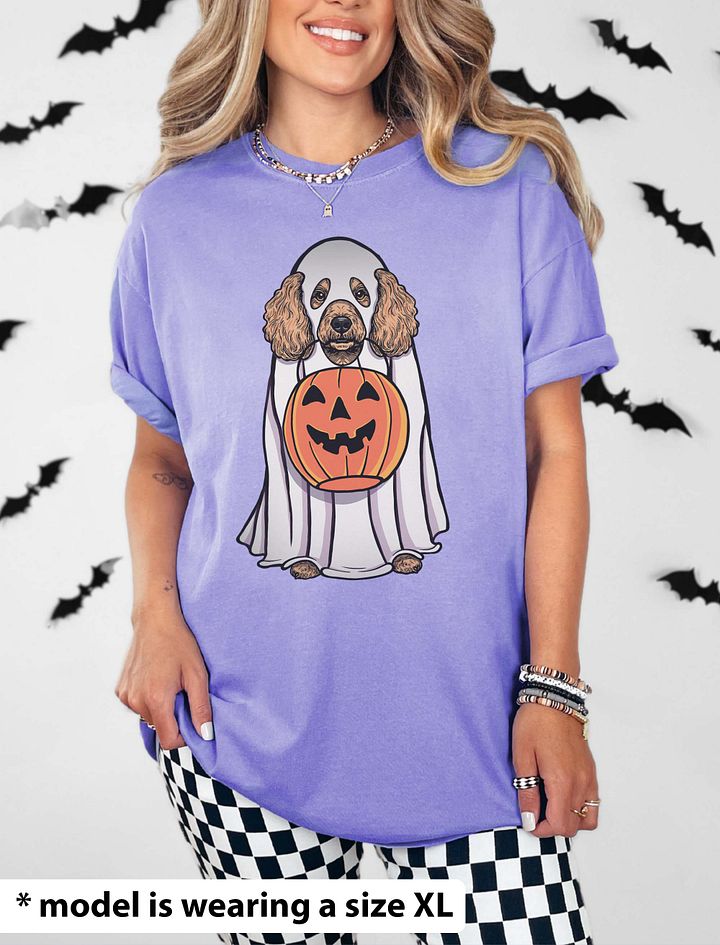 Funny Halloween Mini Poodle T-Shirt | Funny Poodle Wearing a Ghost Costume and Holding a Pumpkin Basket product image (24)