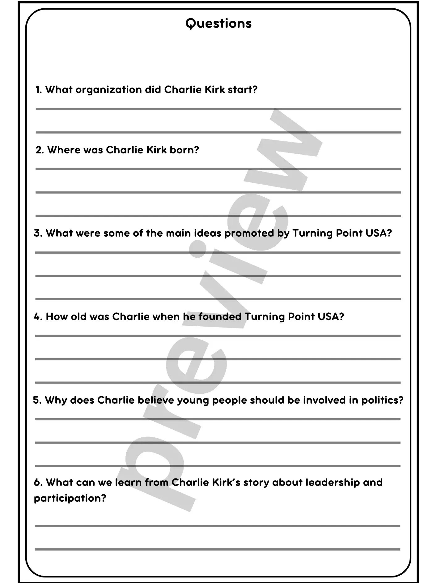 Charlie Kirk A Young Political Leader Reading Comprehension for Grades 4–10 product image (3)