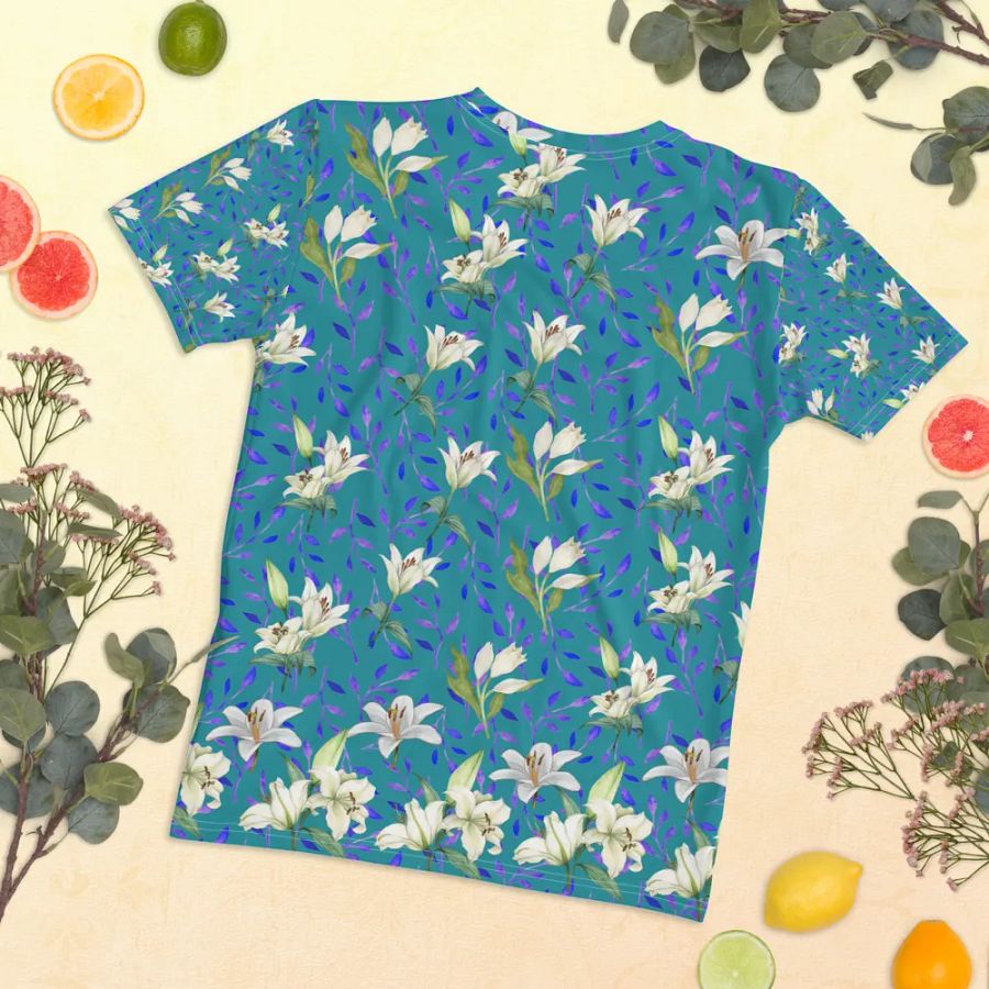 Ladies T shirt all over print blue and white flowery design giving a fresh holiday  fee product image (11)
