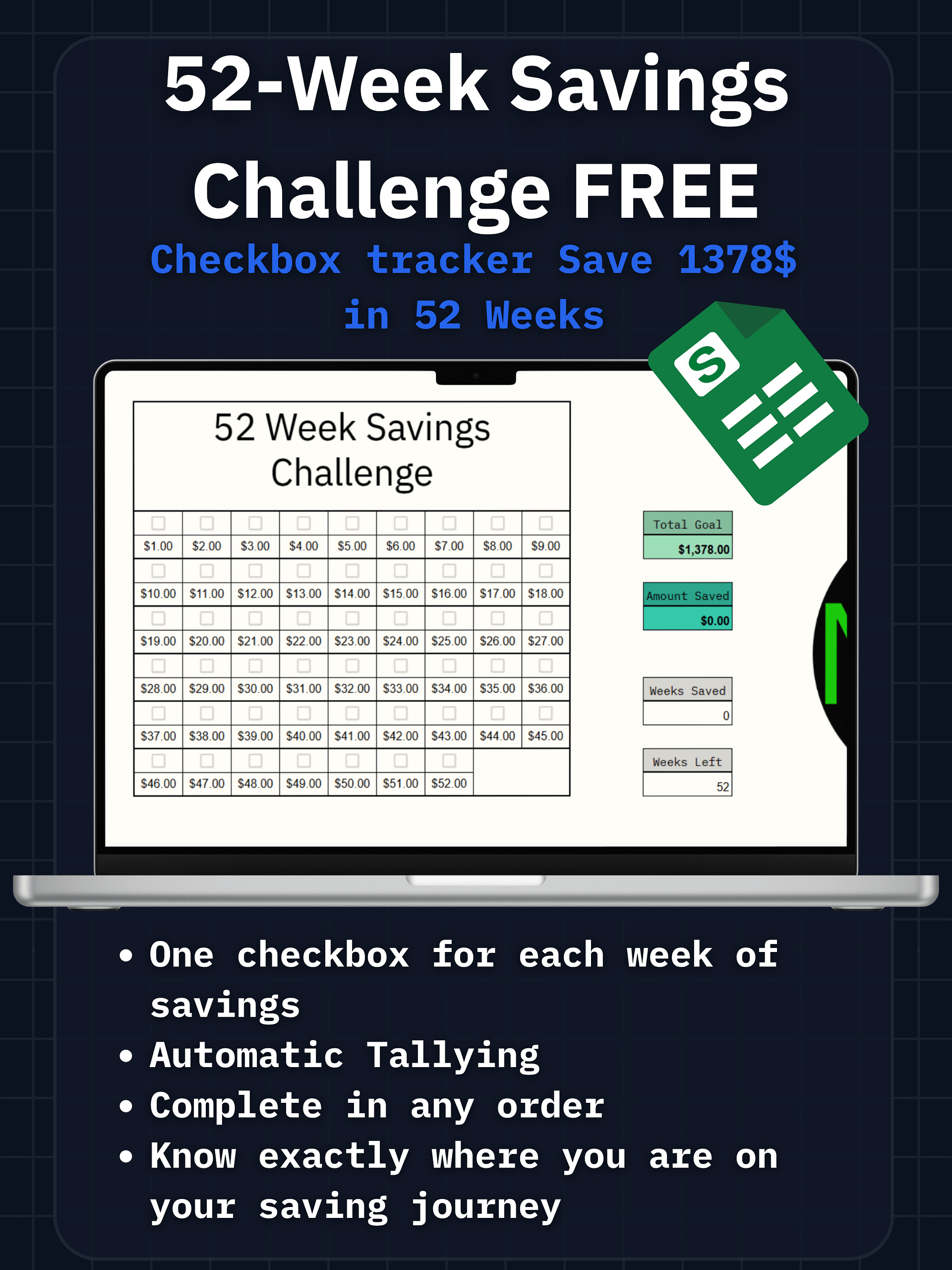 52-Week Savings Challenge FREE Checkbox Tracker product image (1)