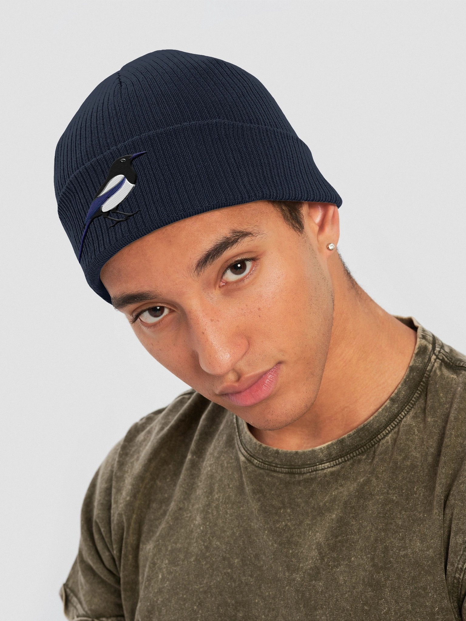 Black Billed Magpie Embroidered Organic Beanie product image (4)