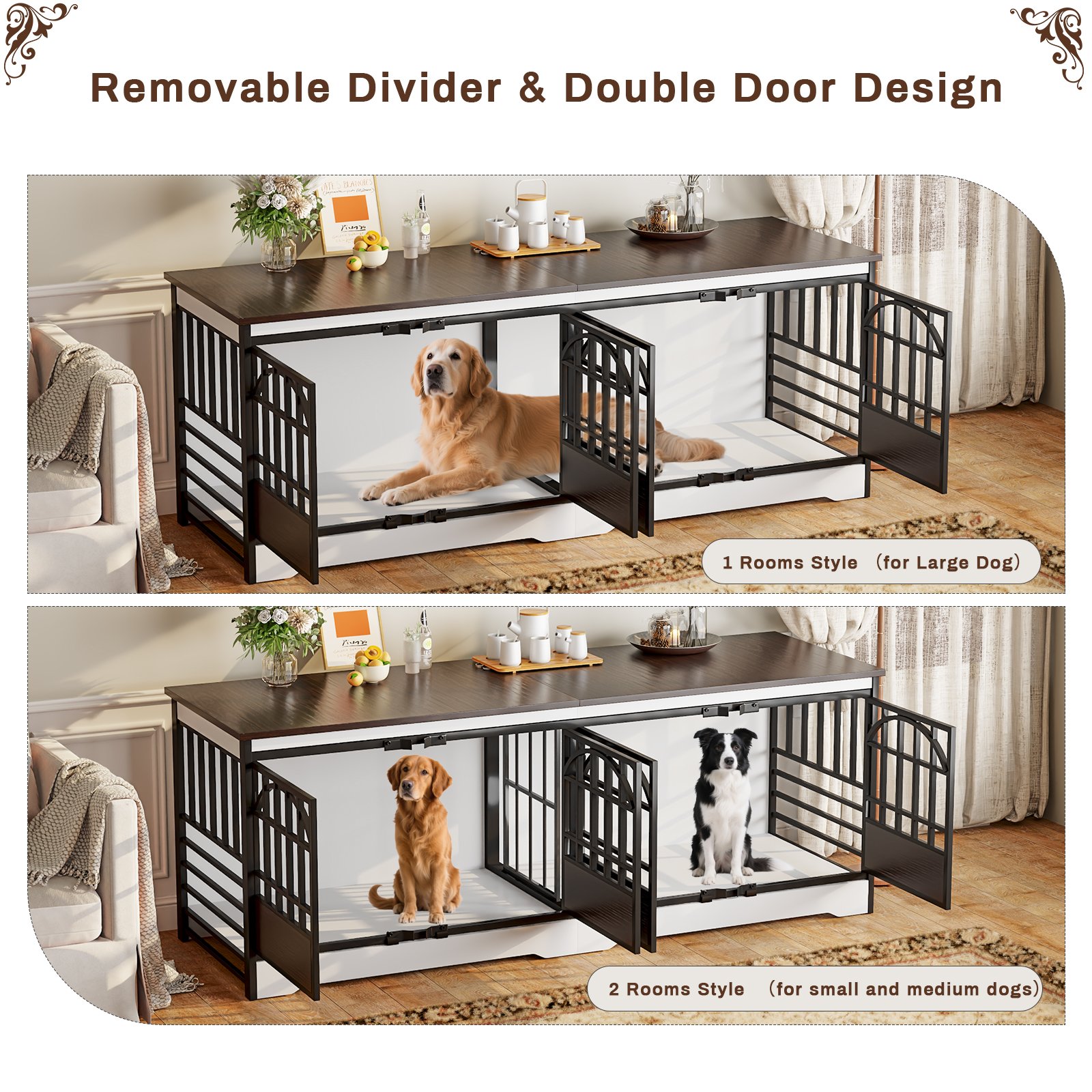 86 Inch Double Dog Crate Furniture for 2 Large Dogs, Decorative Dog Kennel Indoor TV Stand, Heavy Duty Wooden Dog Cage for Large Medium Dogs Sized Dog Pet House with Divider (White) product image (5)