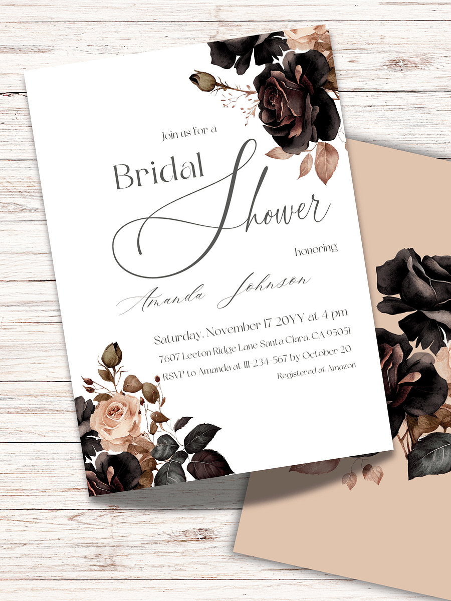 Floral Bridal Shower Invitation, Rustic Wedding Shower Invite Canva Template, Printable Black and White Party Theme Idea, Digital Download product image (2)