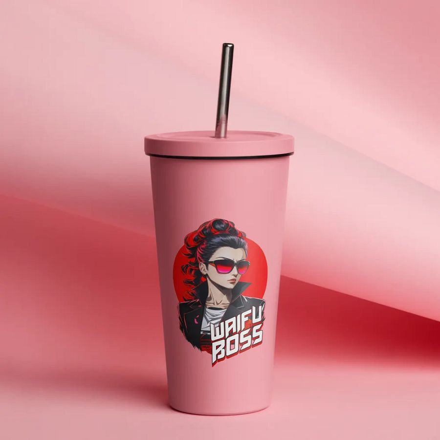 Waifu Boss 20 oz Tumbler Cup - Pink - Insulated Tumbler with a Straw v2 product image (12)