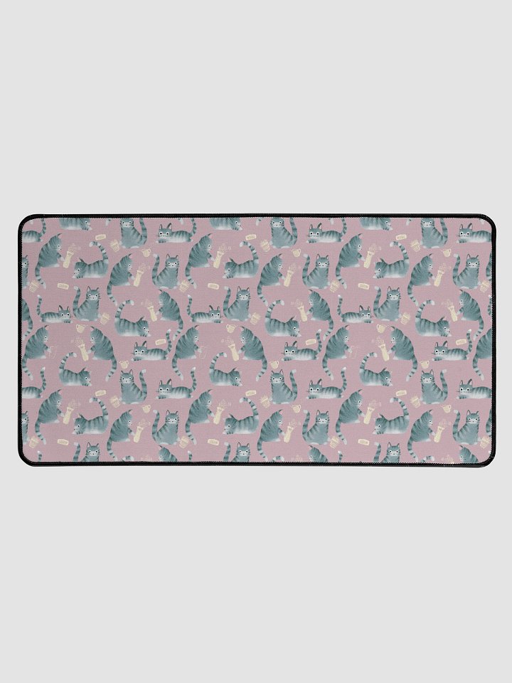 Bad Grey Tabby Cats Knocking Stuff Over Patterned Desk Mat, Pink product image (1)