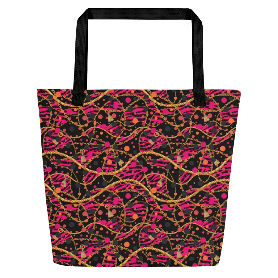Big printed tote bag with pocket bright reds/pink  gold design product image (1)