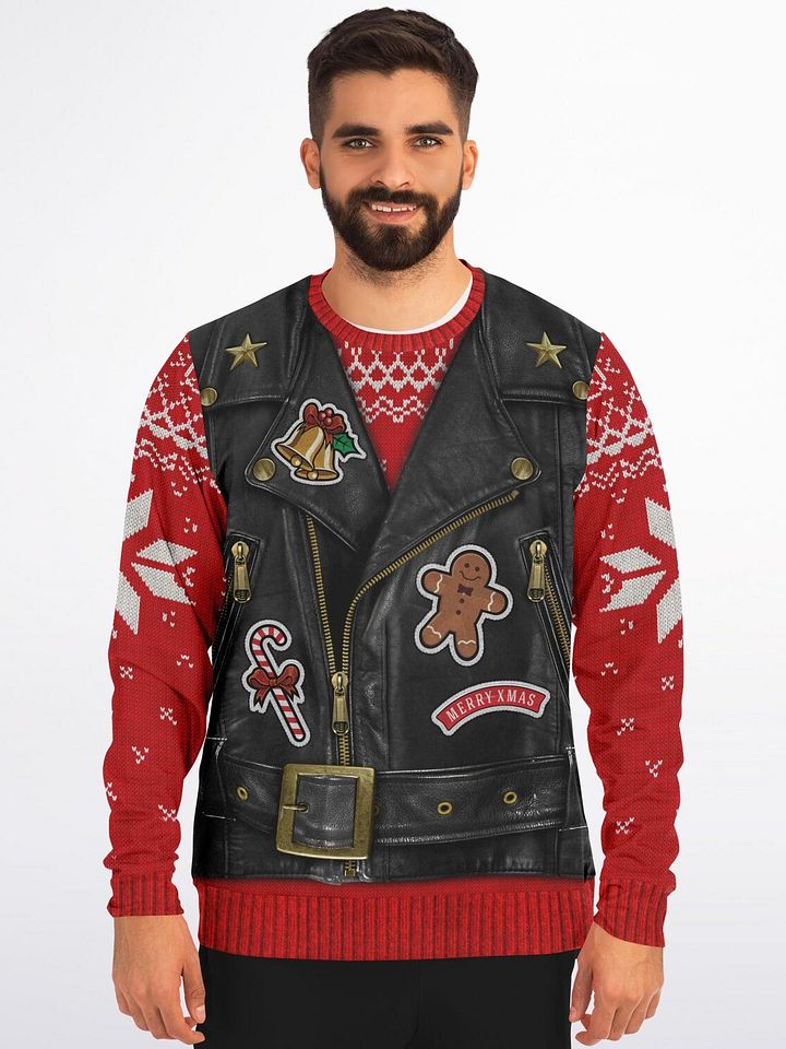 Biker Santa Christmas Sweater - Rebellious Holiday Leather Vest Design Ugly Christmas Sweater product image (1)