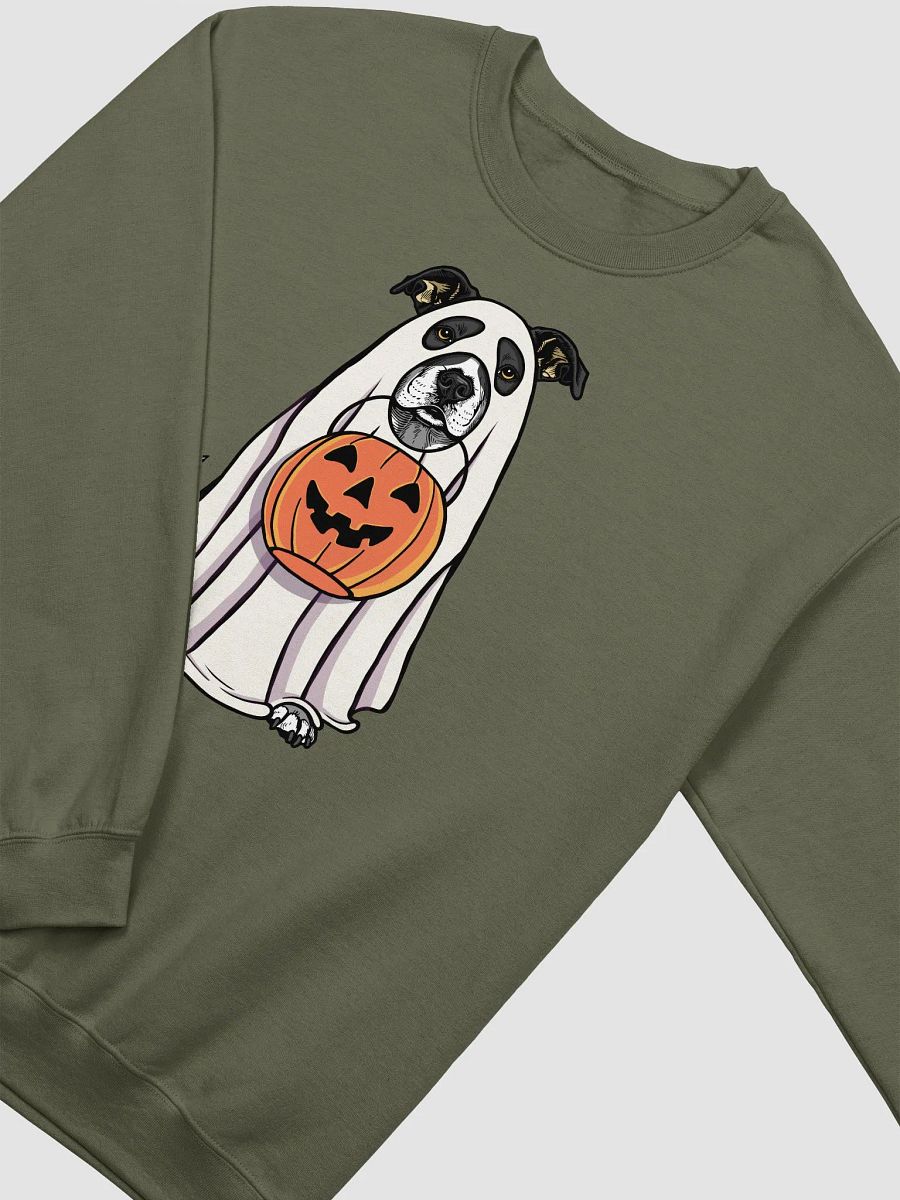Funny Halloween Pitbull Terrier(Black) Sweatshirt | Funny Pittie Wearing a Ghost Costume and Holding a Pumpkin Basket product image (14)