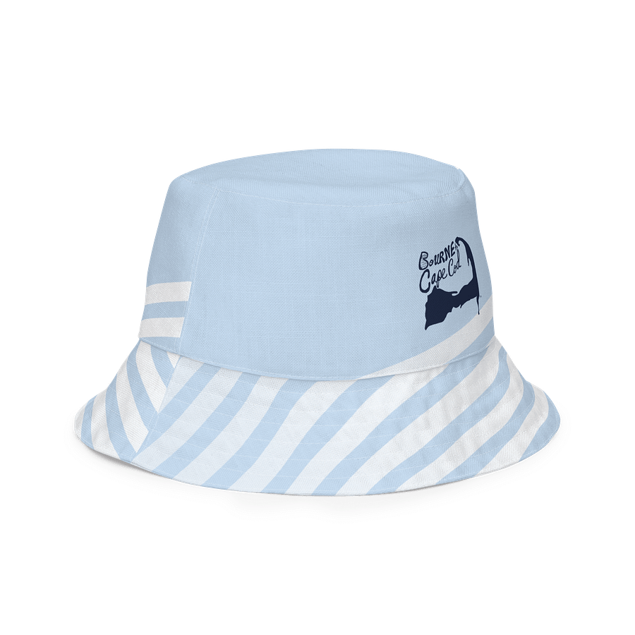 Adults Unisex | Reversible Bucket Hat | BOURNE to Cape Cod™ x BRN.2C.C.™ Logo Print | Coastal Style Sun Hat | Navy Logos on Skyline Stripes product image (3)